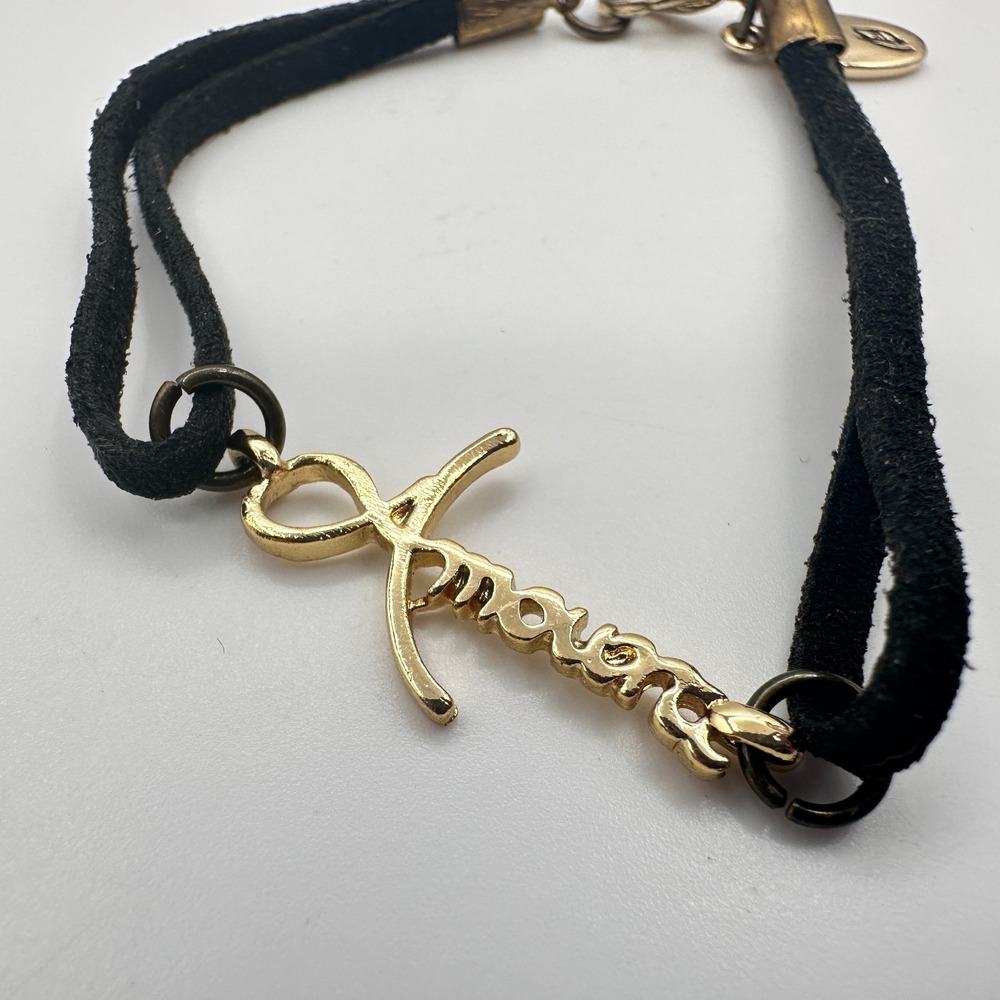 Vintage Y2K Amour Bracelet Black Faux Suede Cord Gold Tone Love Charm Jewelry